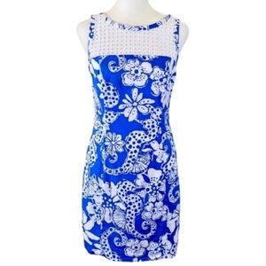 Lilly Pulitzer Marianne Shift Dress Blue White Seahorse Eyelet Size 0